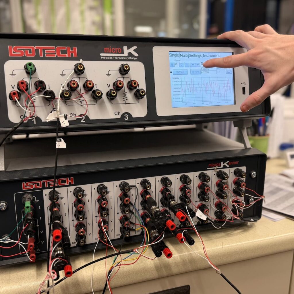 Isotech microK precision thermometry bridge during measurement.